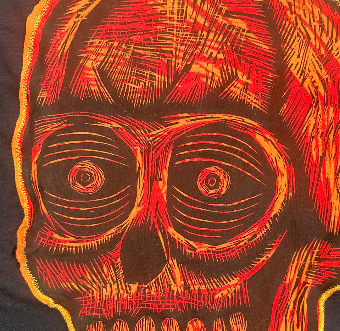 Fireball Skull Appliqued Woodcut Limited Edition Handprinted T-Shirt (Limited to 50)