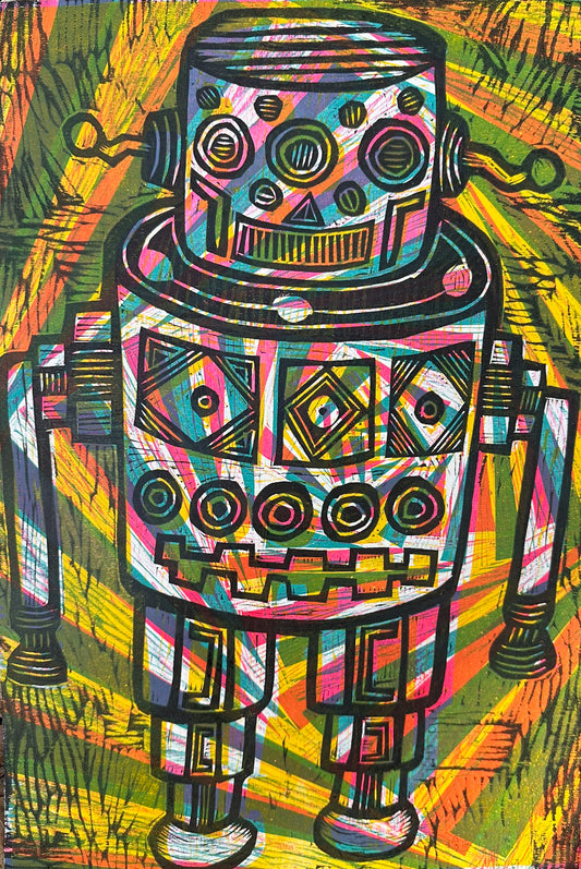 Yellow  Stripes Robot Woodcut hand pulled  Print