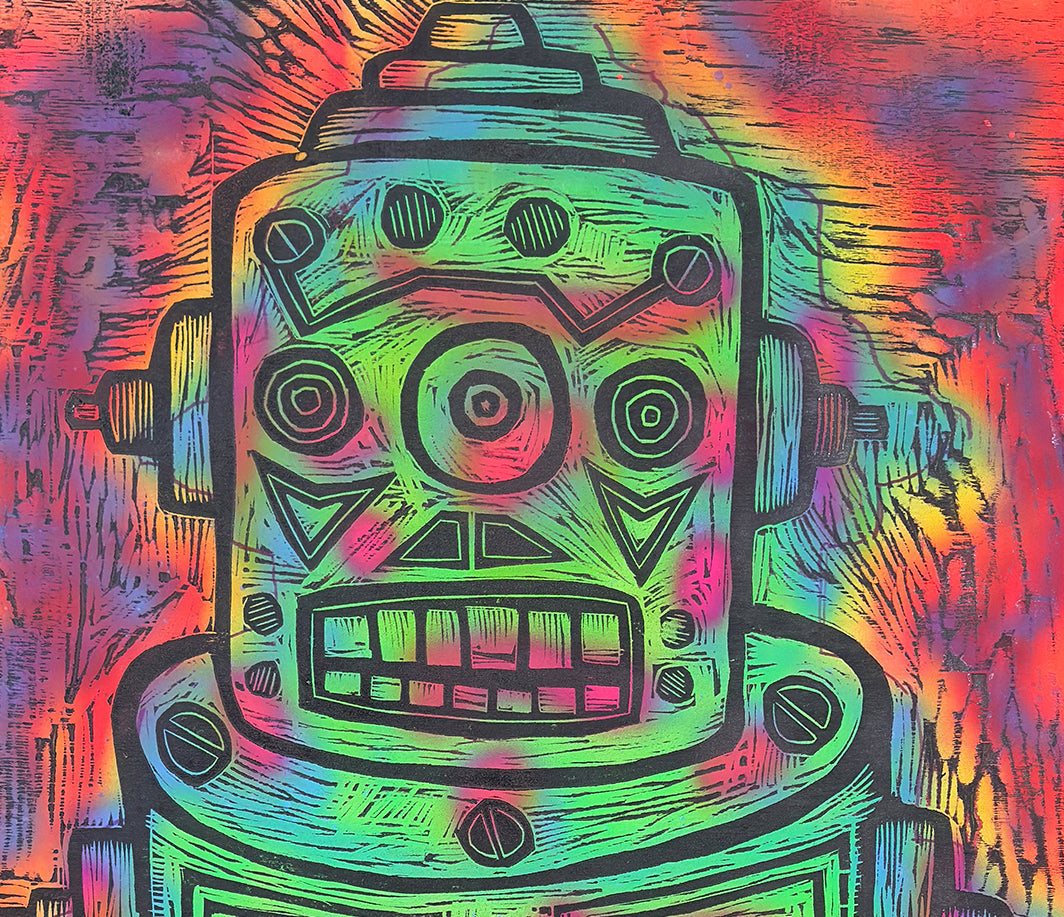 Sentinel (Green) Woodcut Printed on Painted Wooden Panel