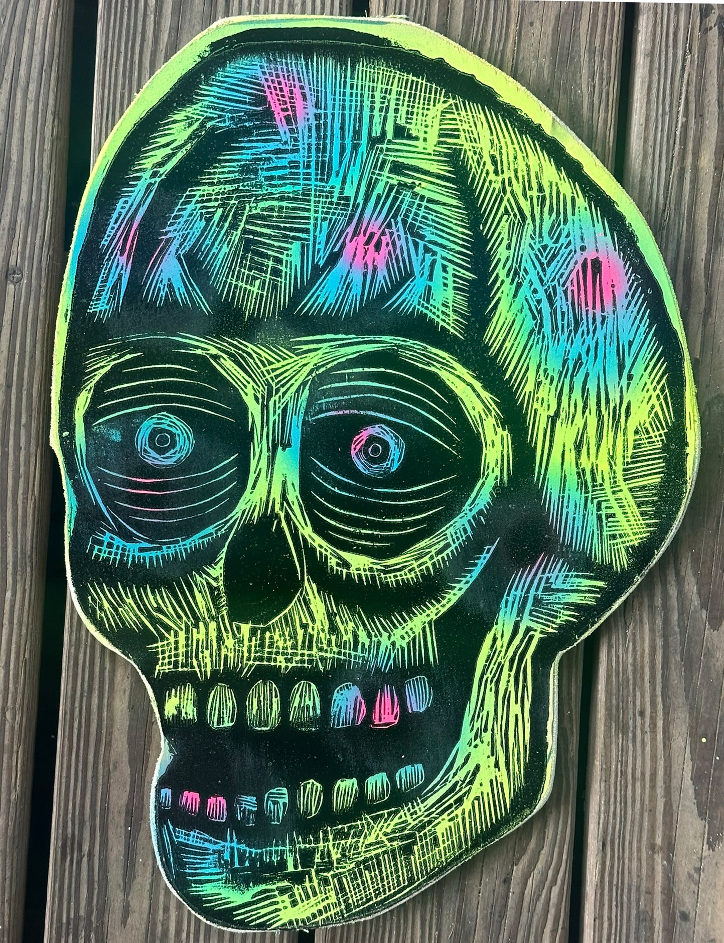 Pulsar Peacock Skull Woodcut Printed on Wooden Panel