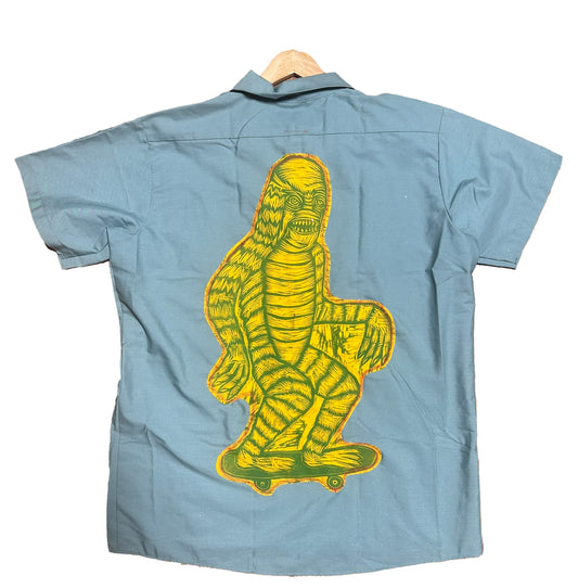 Dream Job Light Green Workshirt with Handprinted Woodcut Skate Creature Applique