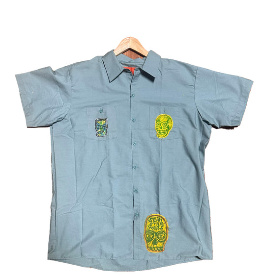 Dream Job Light Green Workshirt with Handprinted Woodcut Skate Creature Applique