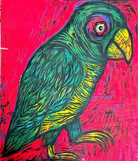 Green Parrot Woodcut hand pulled Print