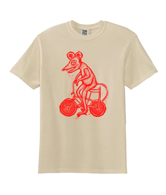 Bike Rat Woodcut Handprinted T-Shirt