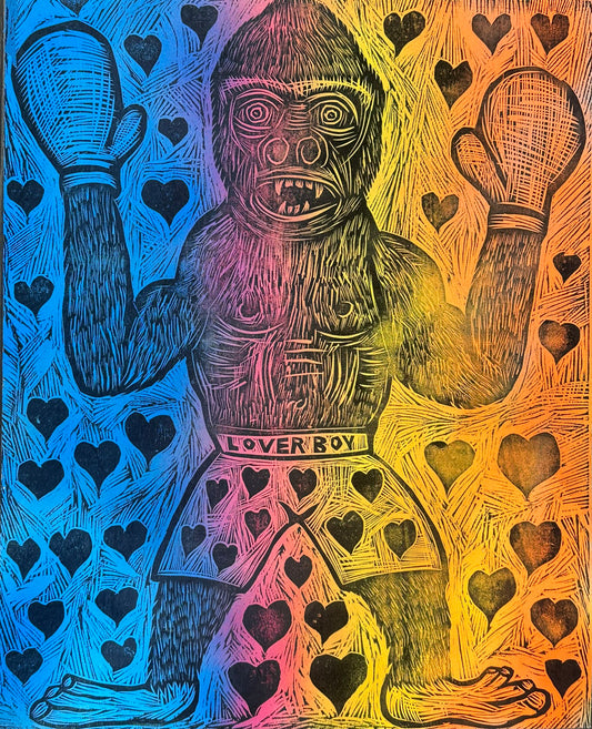 Loverboy  Woodcut printed on a Wooden Panel