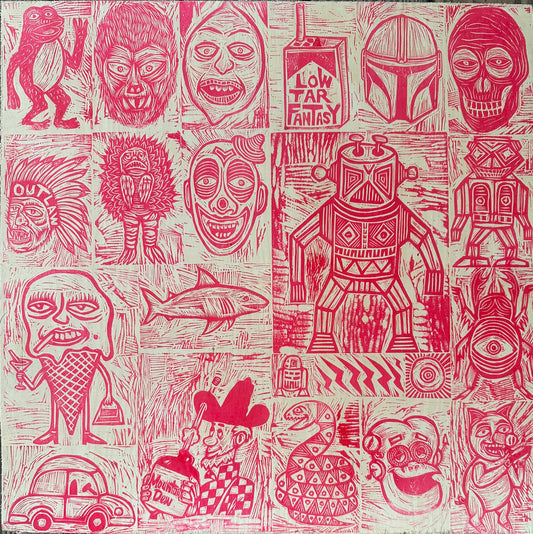 Low Tar Fantasy Woodcuts printed on Painted Wooden Panel
