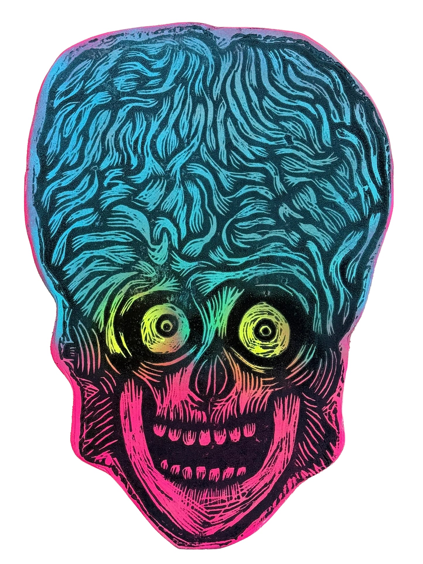 Martian Head Woodcut Printed on Wooden Panel