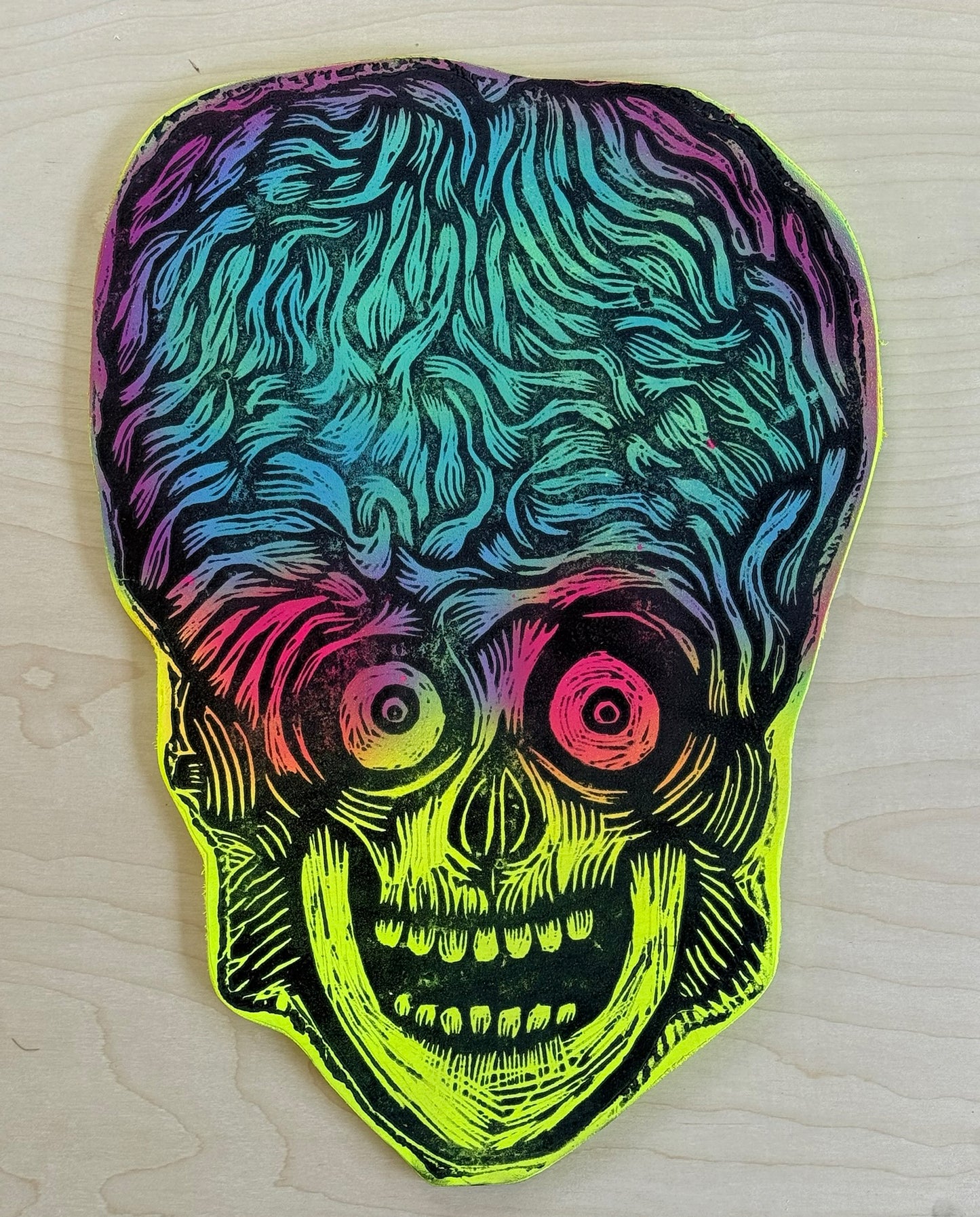 Martian Head Woodcut Printed on Wooden Panel
