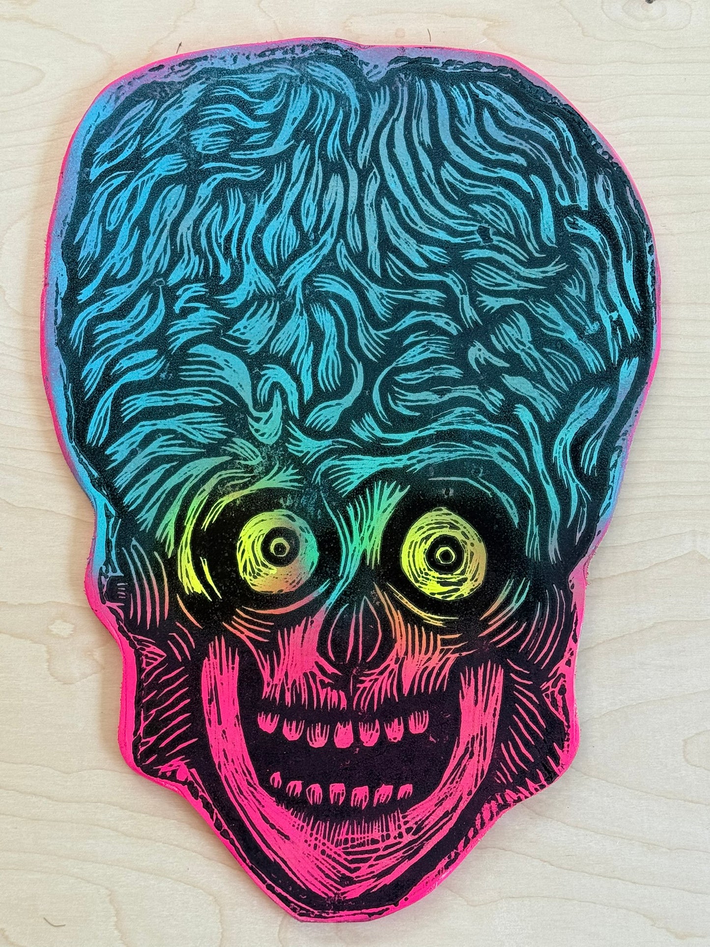 Martian Head Woodcut Printed on Wooden Panel