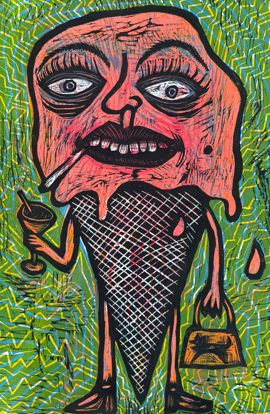 Meltdown Handprinted Multi Block Color Woodcut