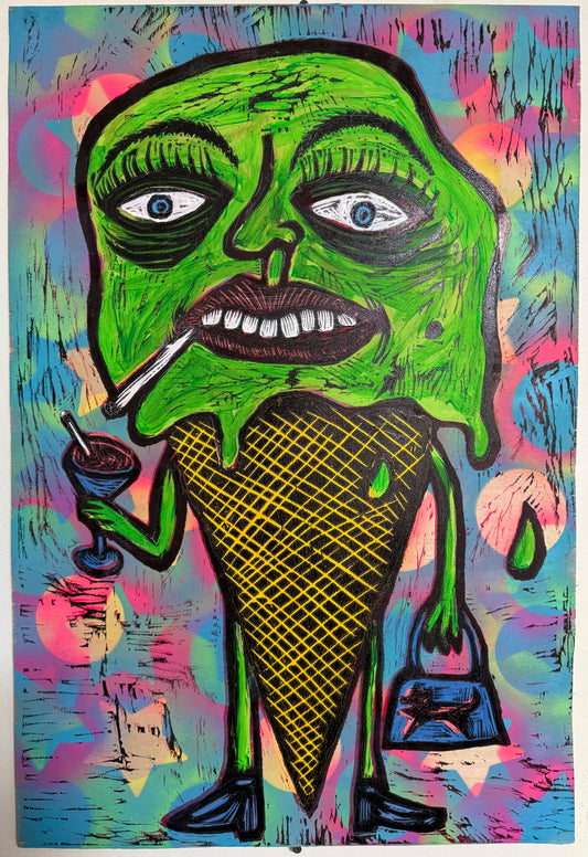 Green Melt Down Woodcut Printed on Wooden Panel