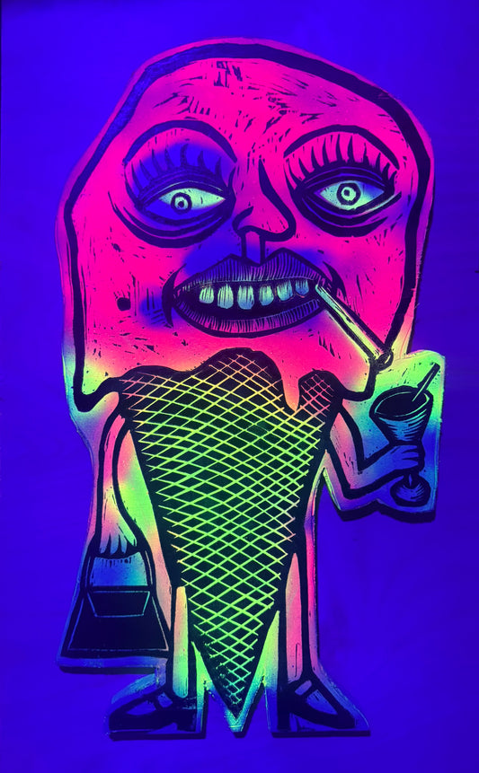 MeltDown Woodcut printed on Painted Wooden Panel