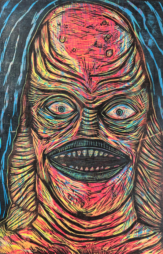 Orange Creature Woodcut on Birch Panel