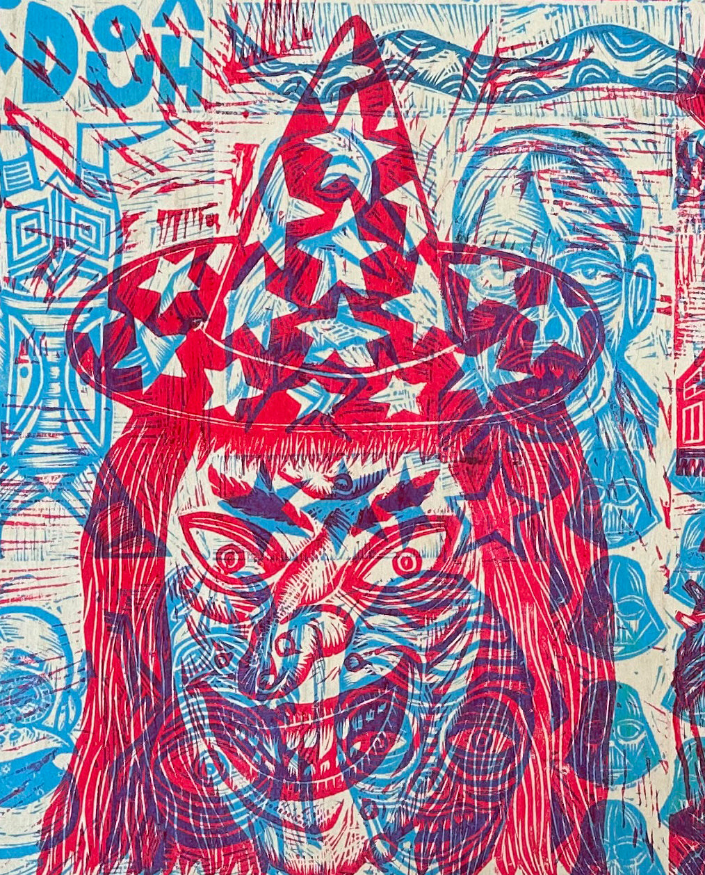 Multiple Red and Blue Woodcuts Printed on Wooden Panel (Panel A)