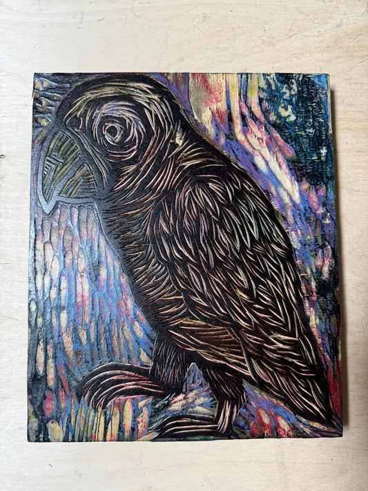 Parrot Handprinted Color Woodcut Appliqued Printed T-Shirt