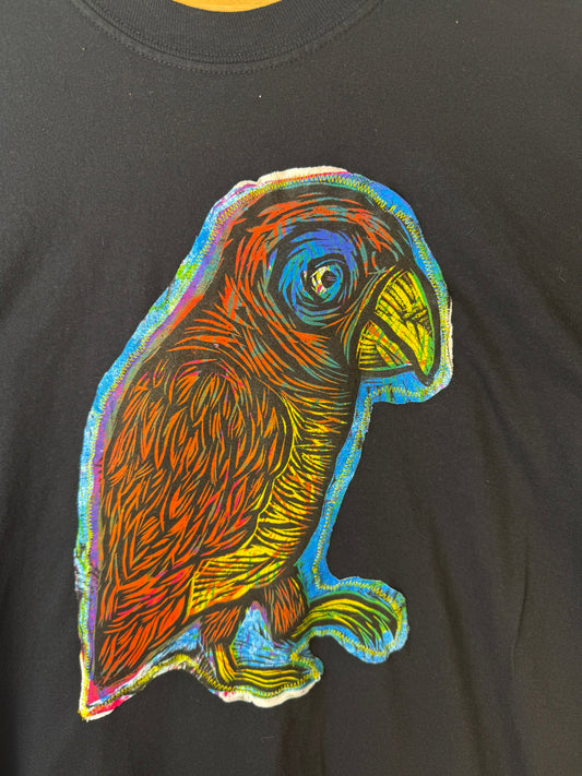 Parrot Handprinted Color Woodcut Appliqued Printed T-Shirt