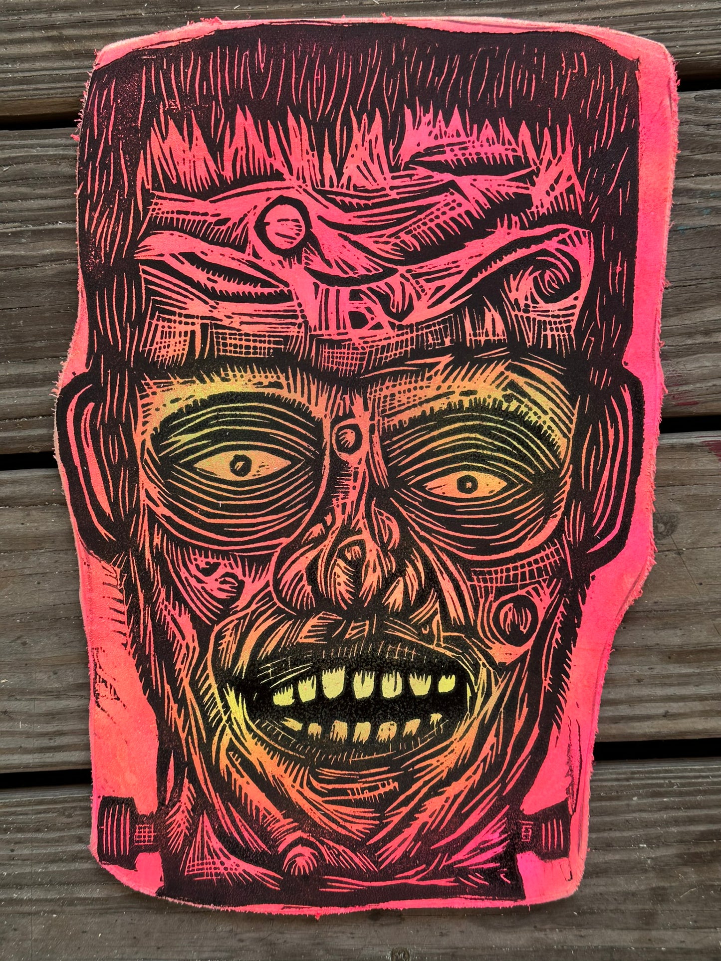 Frankenstein Woodcut Printed on Wooden Panel