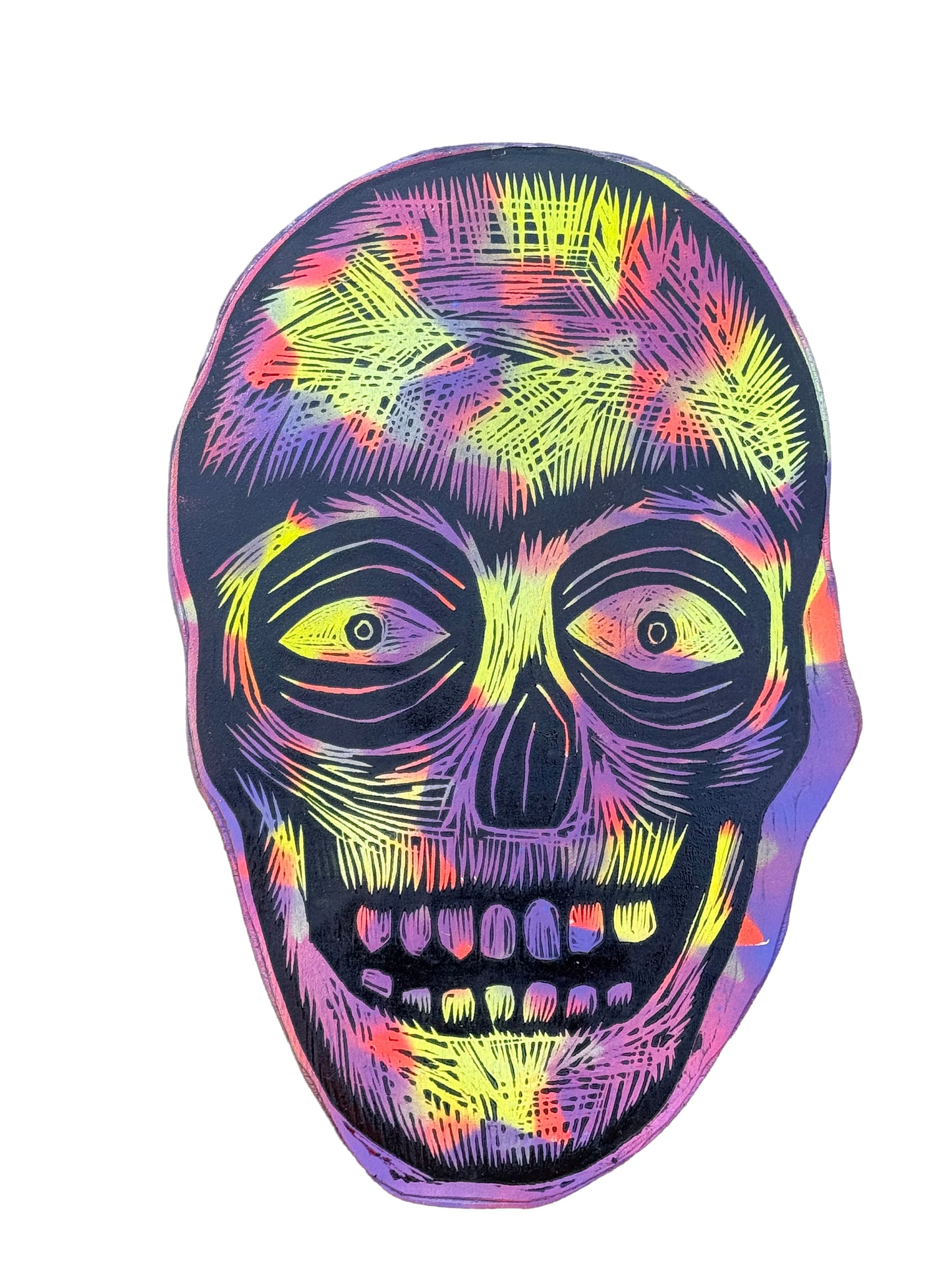 Skull Woodcut Handprinted on Wooden Panel 11 x 17