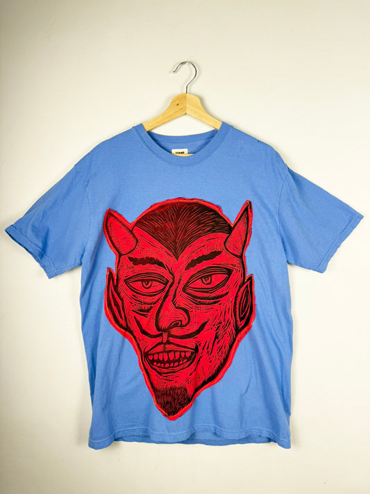 Red Devil Woodcut Handprinted Appliqued T Shirt