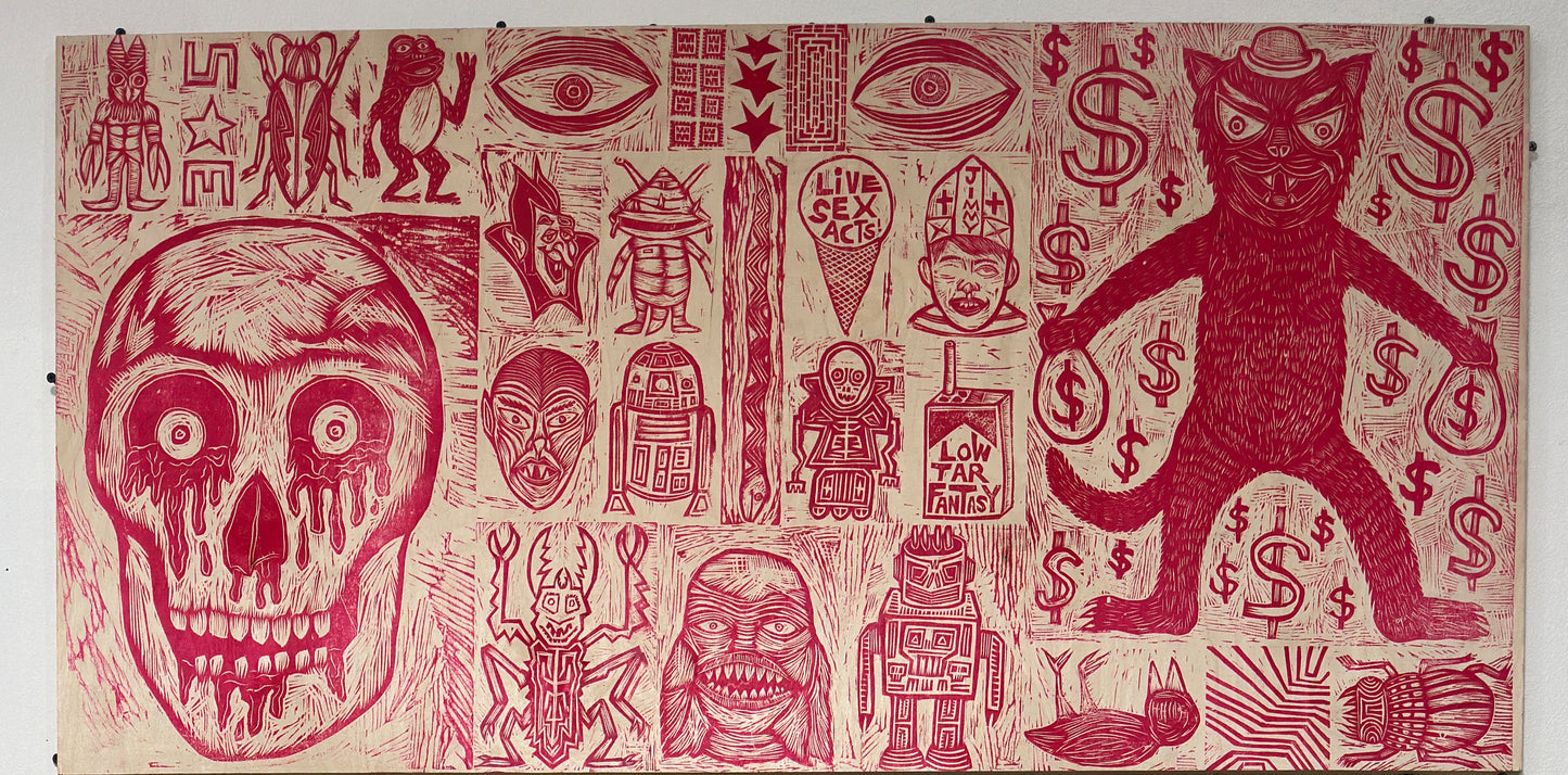 Organized Chaos Woodcuts printed on Four Wooden Panels