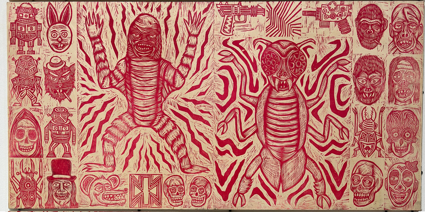 Organized Chaos Woodcuts printed on Four Wooden Panels