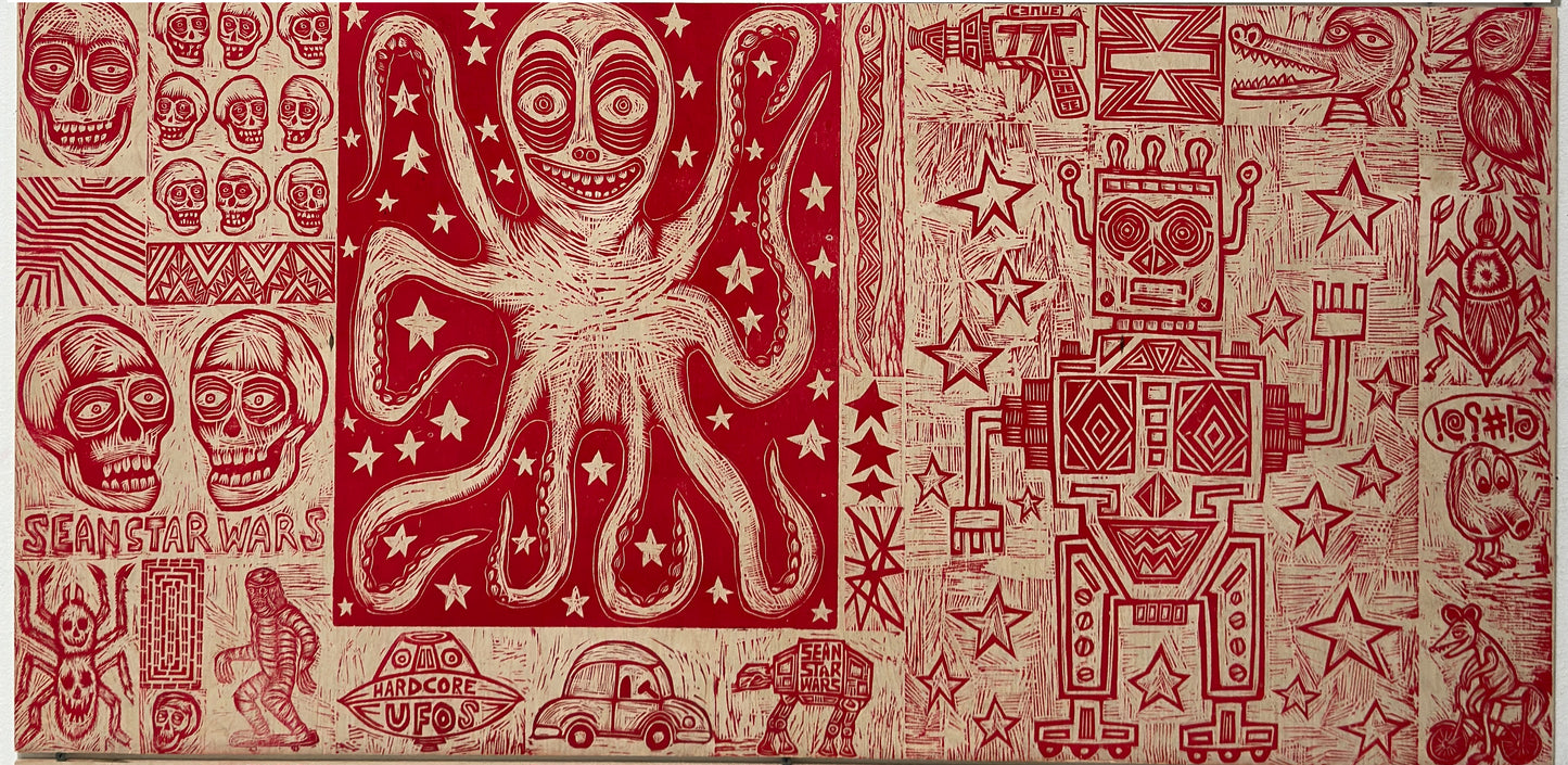 Organized Chaos Woodcuts printed on Four Wooden Panels