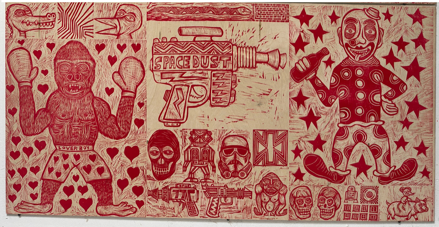Organized Chaos Woodcuts printed on Four Wooden Panels
