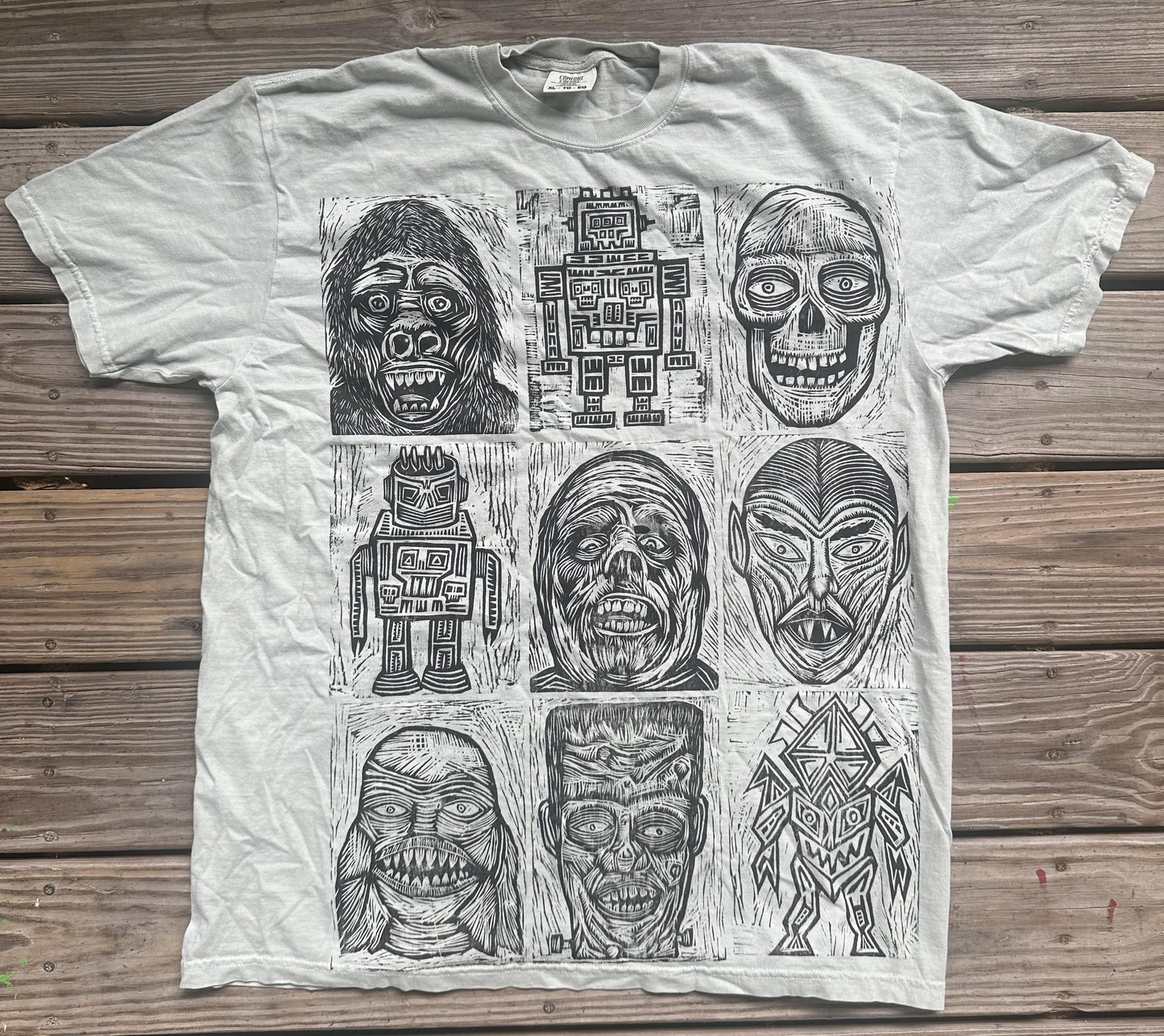 Robots and Monsters Handprinted Woodcut Tshirt