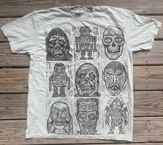 Robots and Monsters Handprinted  Woodcut Tshirt