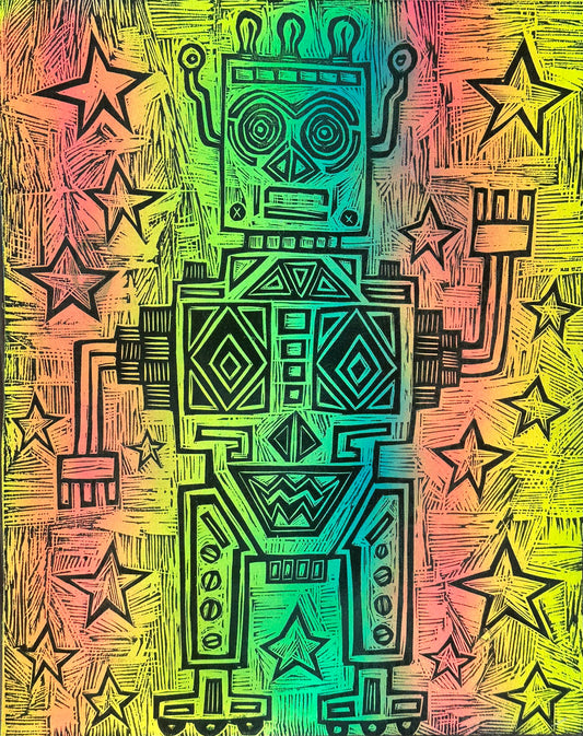 OP Robot  Woodcut printed on a Wooden Panel