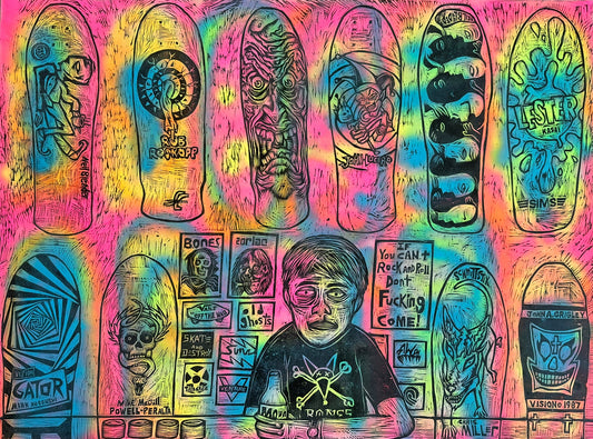 Skateshop Woodcut Printed on Painted Wooden Panel