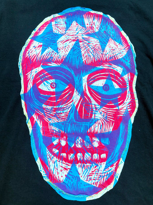 Star Skull Appliqued Woodcut Handprinted T-Shirt