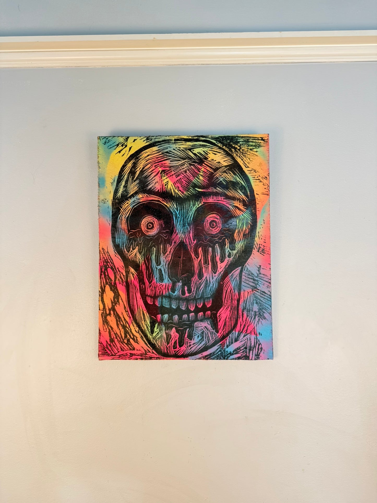 Bloody Eyes Skull Woodcut handprinted on a Wooden Panel