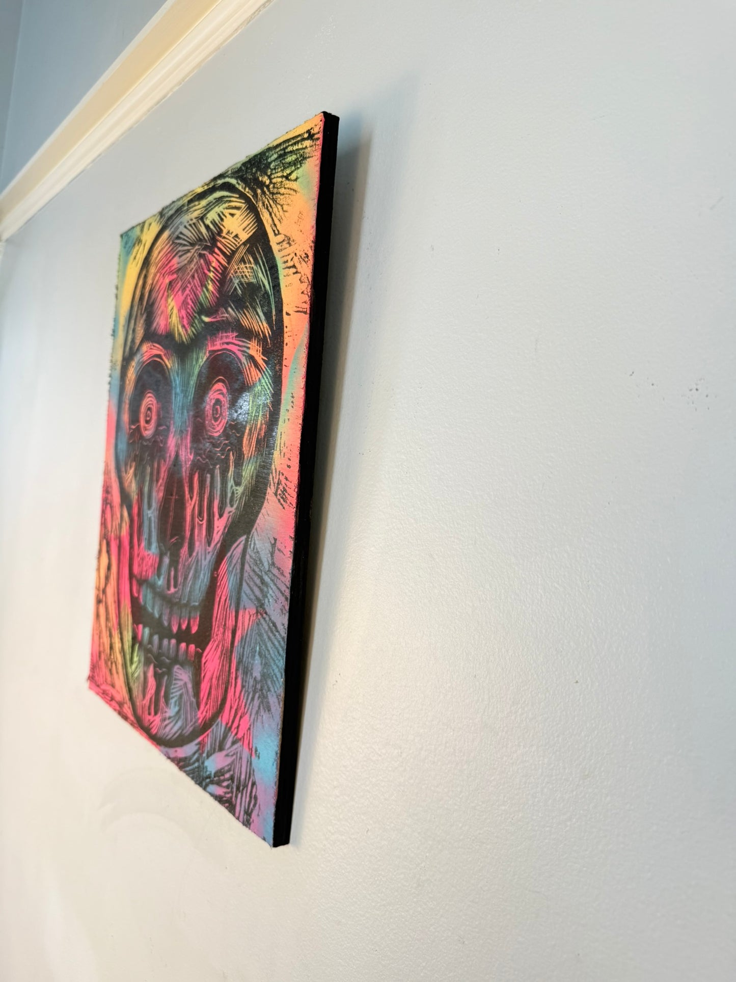 Bloody Eyes Skull Woodcut handprinted on a Wooden Panel