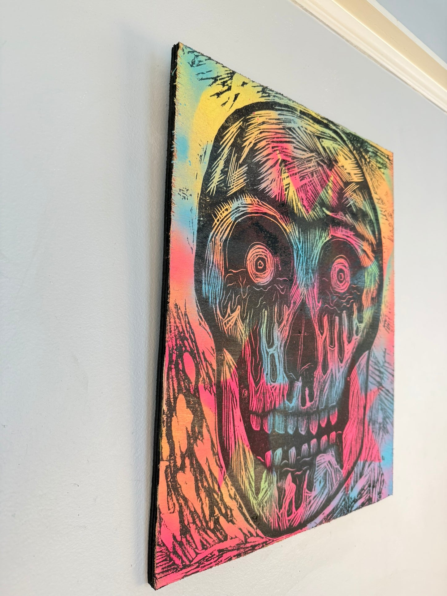 Bloody Eyes Skull Woodcut handprinted on a Wooden Panel