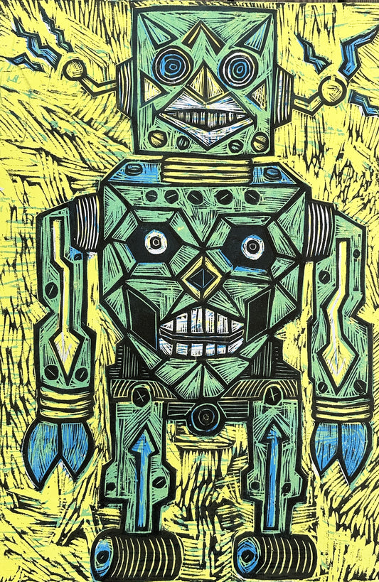 (Green) Skullotron Handprinted Multi Color Woodcut Print