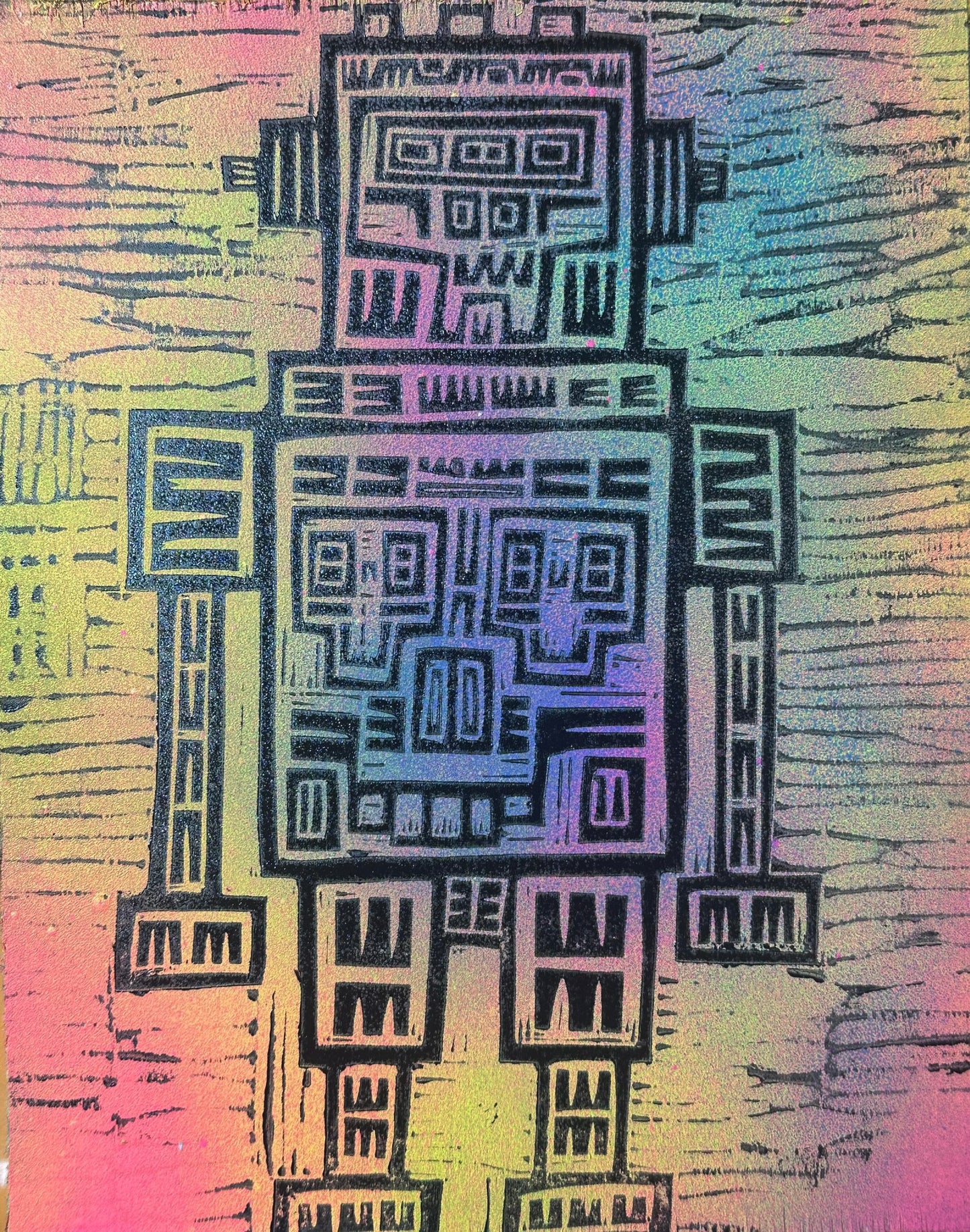Skull Robot Woodcut printed on a Wooden Panel
