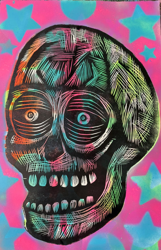 Stenciled Skull Woodcut Print
