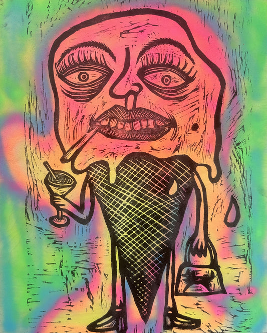 Spray Painted Melt Down Woodcut Printed on Wooden Panel
