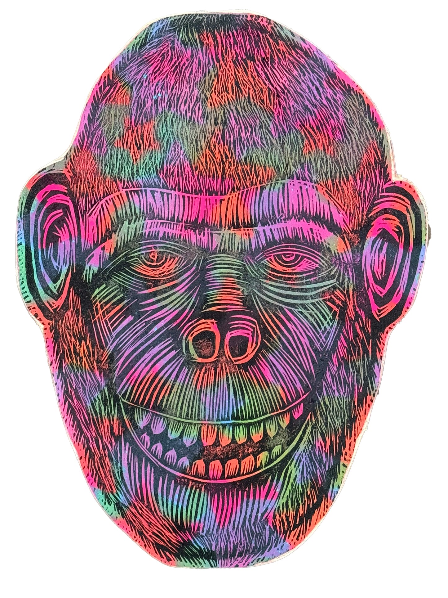 Starfield Chimp Woodcut on Wooden Panel