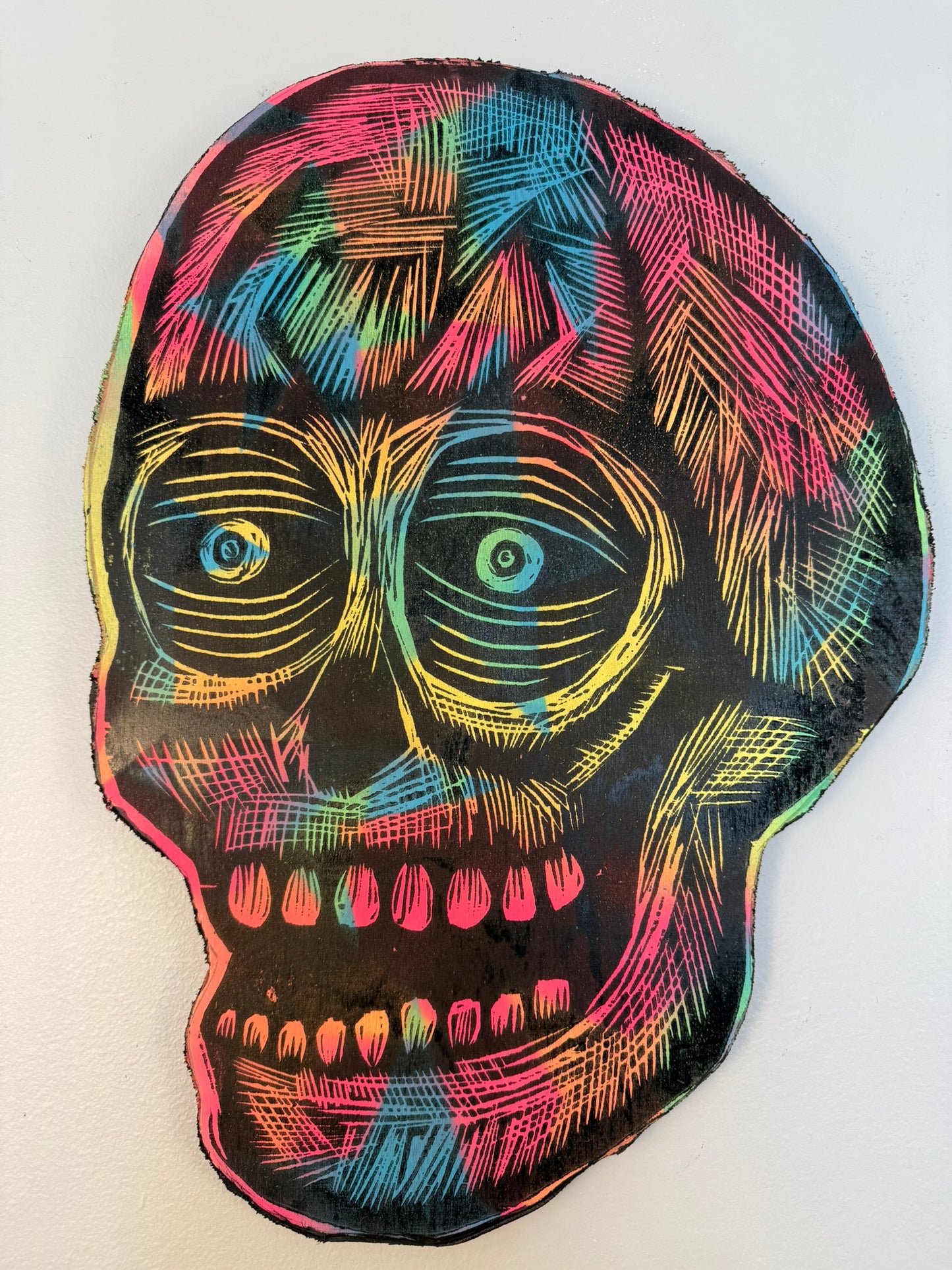 Skull Woodcut Printed on Wooden Panel 13" x 19"