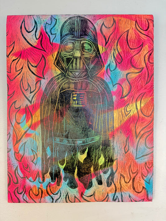 Starfield Vader Woodcut handprinted on a Wooden Panel