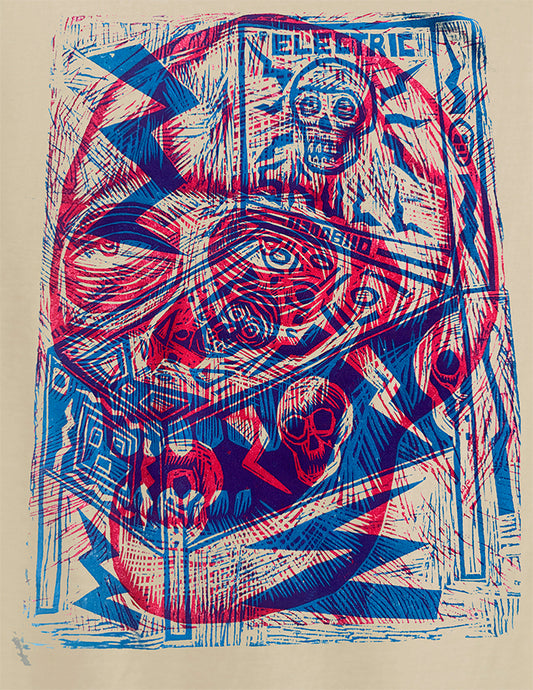 Electric Skull Woodcut Handprinted T-Shirt