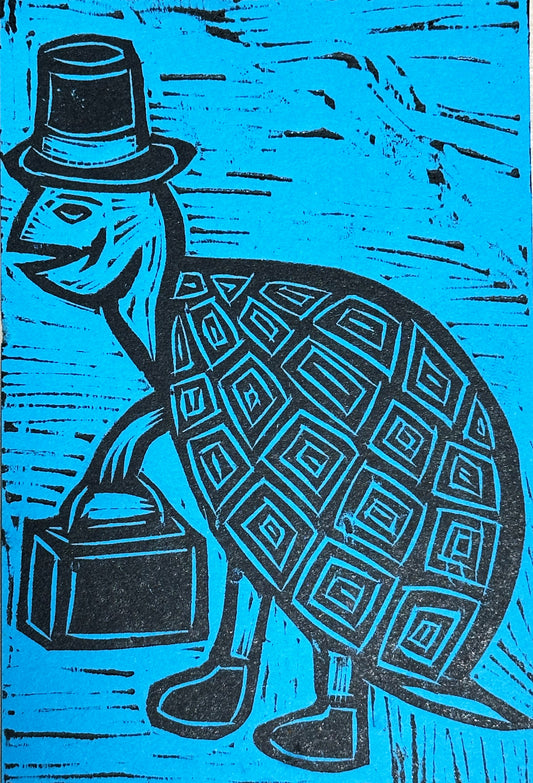 Double Dippers Tophat Turtle Shina Handprinted Woodcut