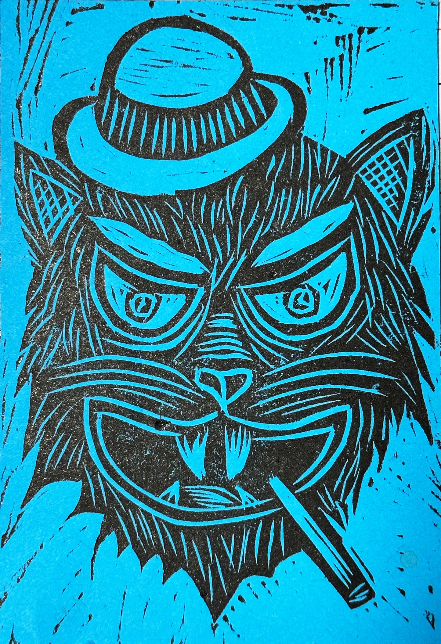 Double Dippers Tough Cat Shina Handprinted Woodcut
