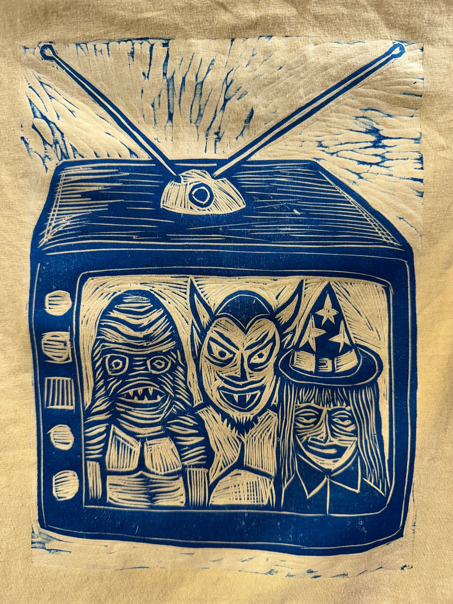 TV Party Woodcut Handprinted T-Shirt