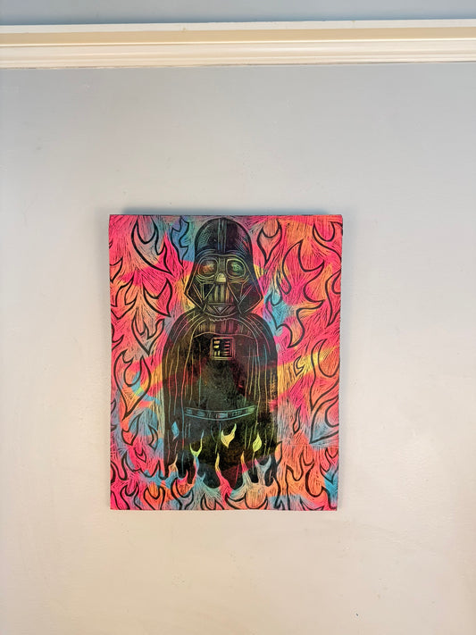 Starfield Vader Woodcut handprinted on a Wooden Panel