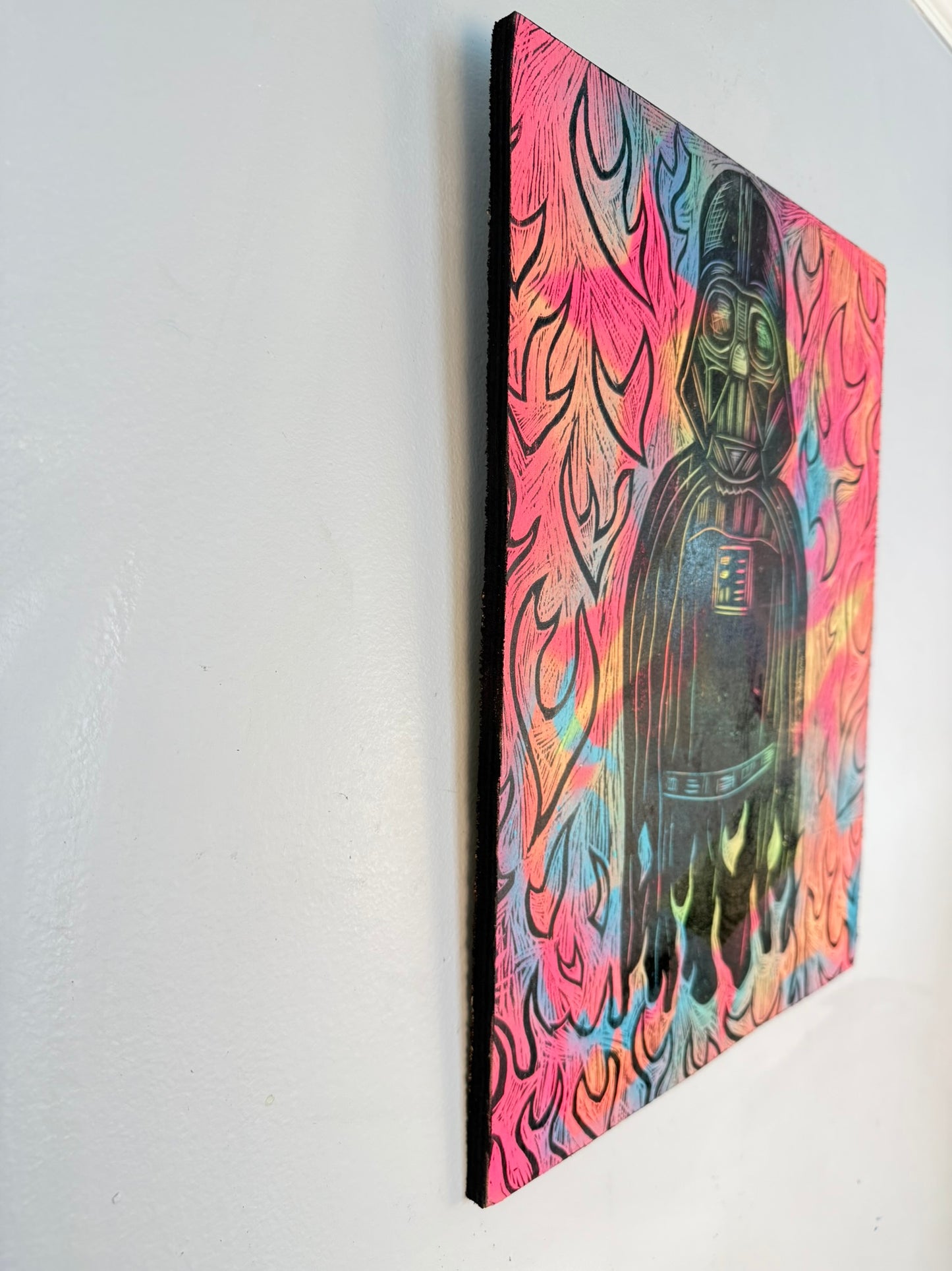 Starfield Vader Woodcut handprinted on a Wooden Panel