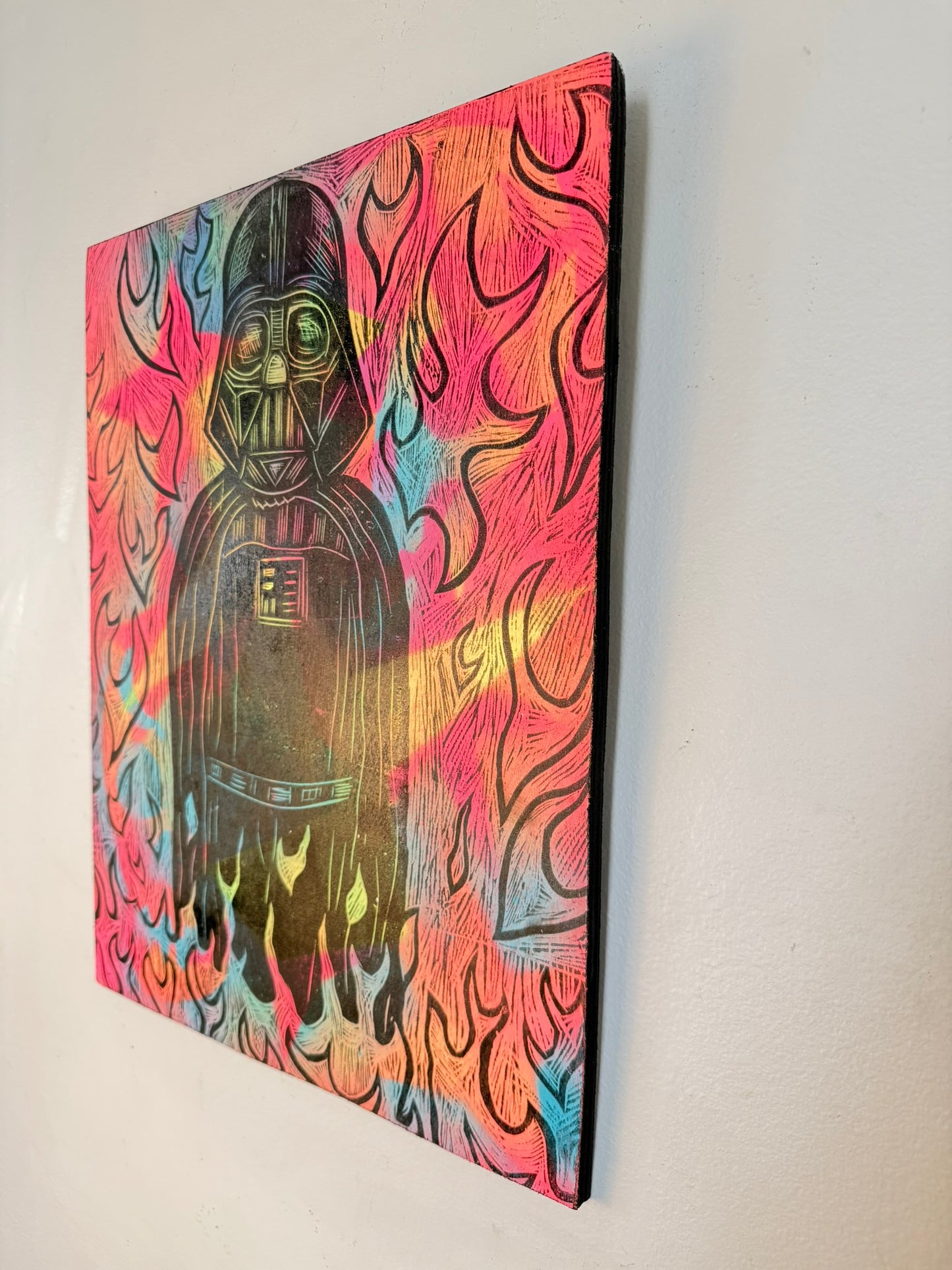 Starfield Vader Woodcut handprinted on a Wooden Panel