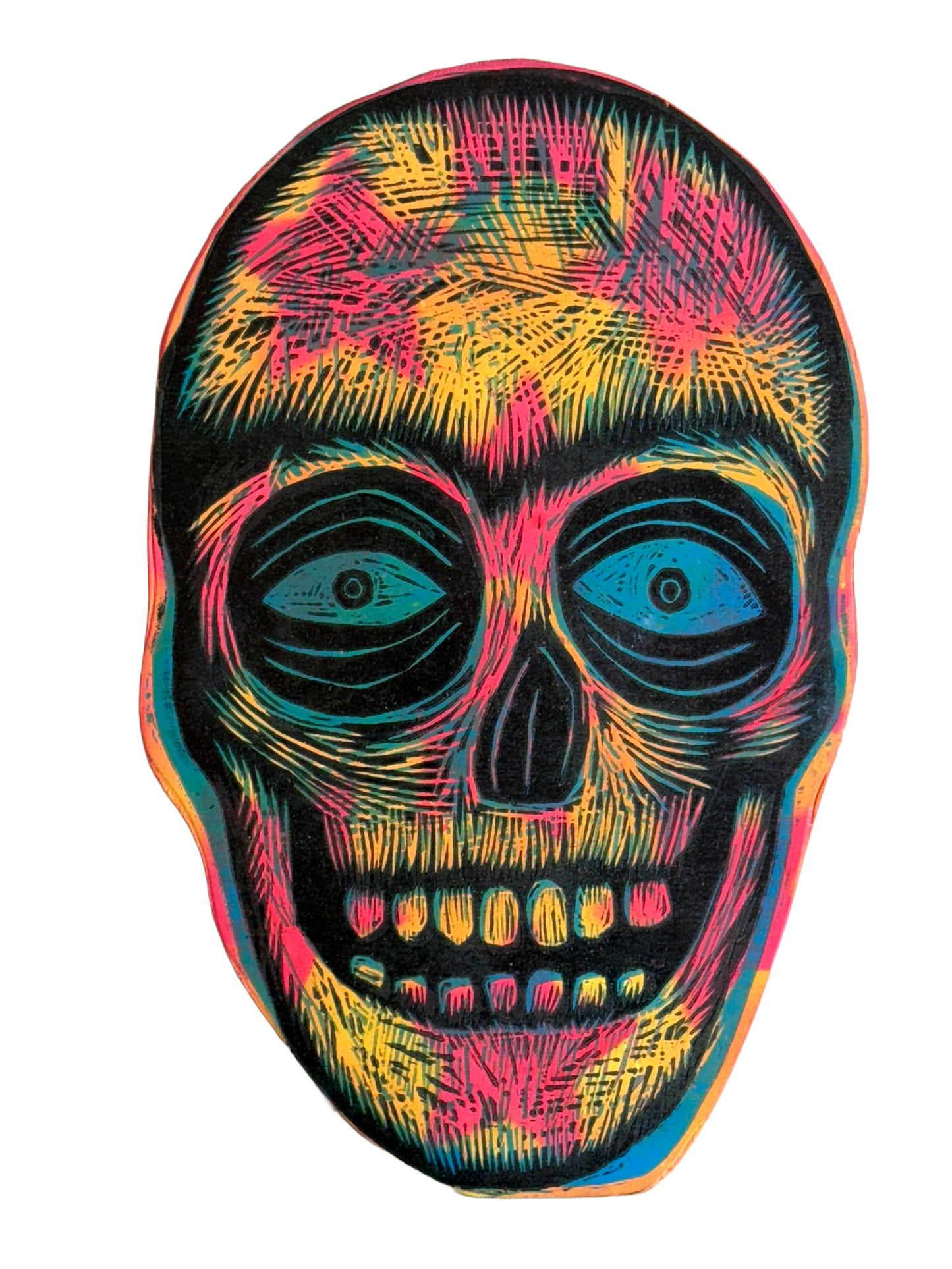 Skull Woodcut Handprinted on Wooden Panel 11 x 17